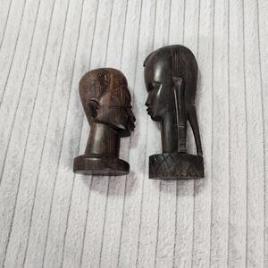 Set of 2 Hand Carved African wooden busts  man and woman AA